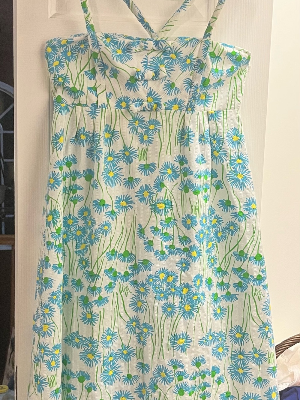 Vtg “The Lilly” Lilly  Pulitzer White Tank Dress with Blue & Yellow Daisy Print